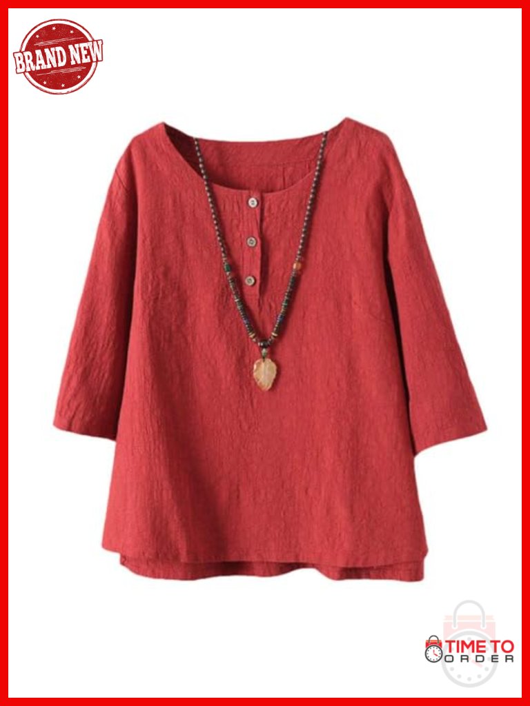 Cotton Linen Jacquard 3/4 Sleeve Blouse Tunic Top Relaxed Fit